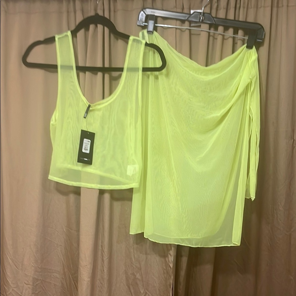 NWT Fashion Nova 1X Neon Green Sheer Two-Piece Coverup Set